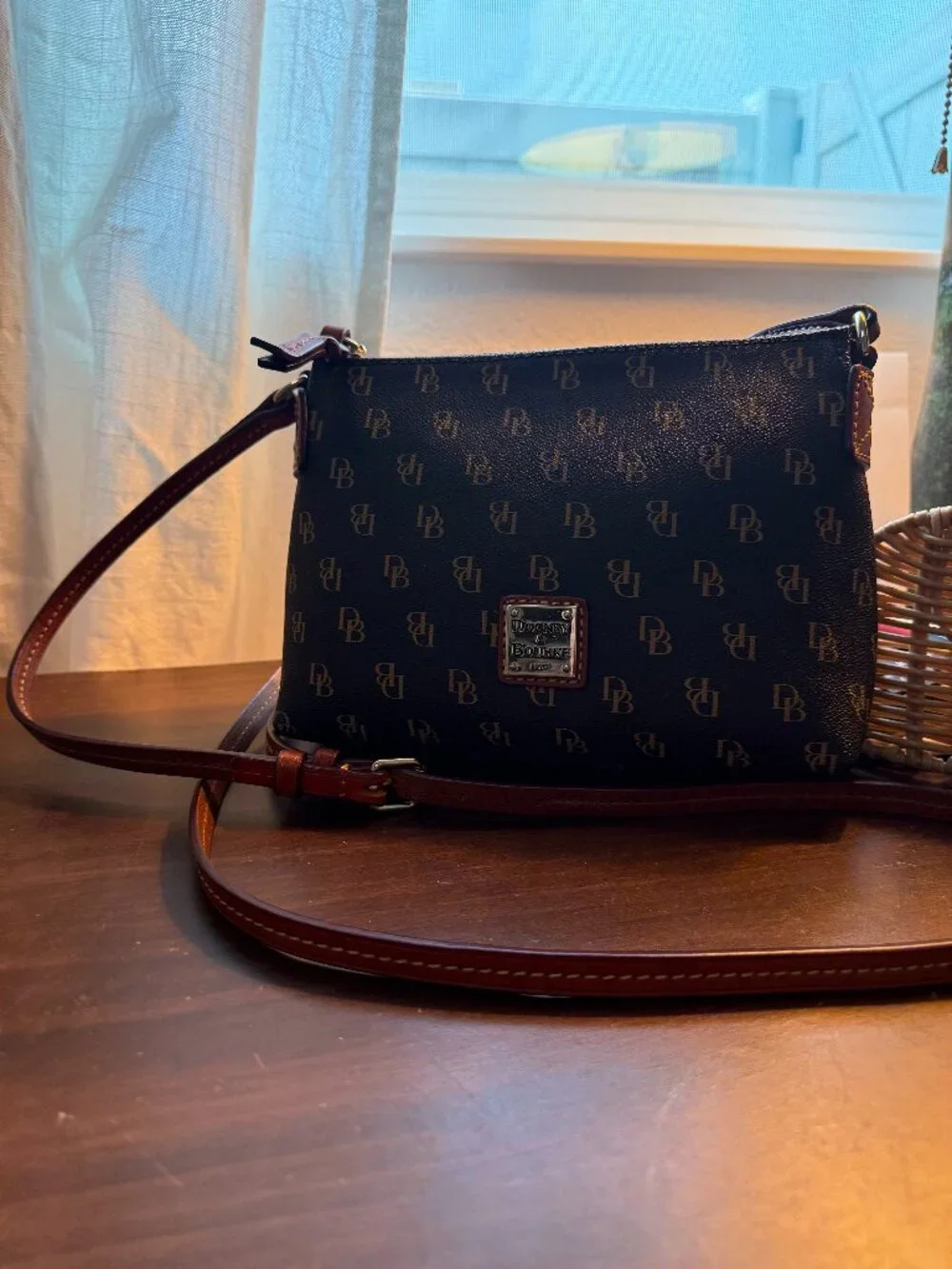Dooney & Bourke Brown and Tan Logo Crossbody with Gold Plaque
